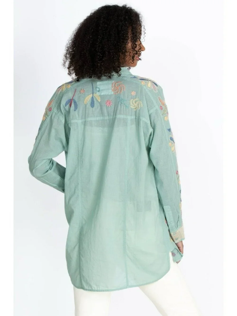 $205 Johnny Was Biya Cosimia Boho Chic Floral Jungle Button Down Mint Top XL - Picture 3 of 15